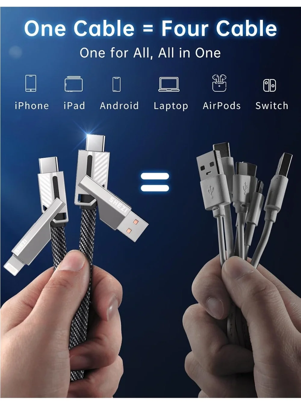 Multi-Connector Braided Charging Cable - Silver & Black